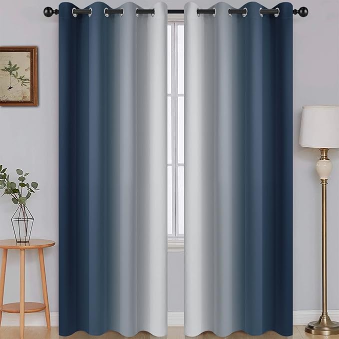 SimpleHome Navy Blue Ombre Room Darkening Curtains for Living Room, Light Blocking Gradient Thermal Insulated Grommet Window Curtains/Drapes for Bedroom, 2 Panels, 52x84 inches Length
