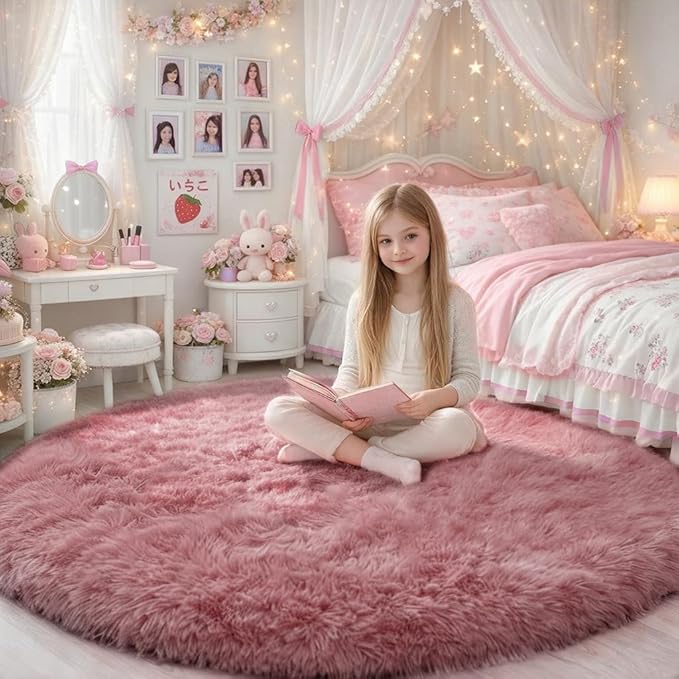 Blush Round Rug 6Ft for Bedroom, Fluffy Fuzzy Plush Circle Area Rugs for Baby Kids Room Decor Aesthetic, Shaggy Circular Carpet for Teen Girls Nursery Dorm Playroom, Cute Large Dusty Rose Mauve Rug