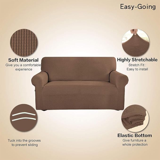 Easy-Going Stretch Loveseat Slipcover 1-Piece Sofa Cover Furniture Protector Couch Soft with Elastic Bottom for Kids Polyester Spandex Jacquard Fabric Small Checks (Loveseat, Brown)
