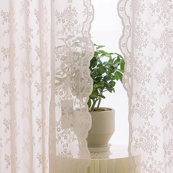 YJ YANJUN Vintage Lace Curtains 63 Inch Length 2 Panels Set Cute Floral Designs Dusty Pink Sheer Curtain Panels for Girls Bedroom with Wavy Edge Rod Pocket, 52 x 63 Inch, Blush Pink