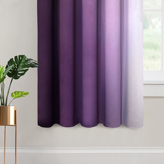 Yakamok Thermal Insulated Ombre Curtains 63 Inch Length 2 Panels, Greyish White and Purple Light Blocking Gradient Color Curtains, Room Darkening Grommet Window Drapes for Bedroom