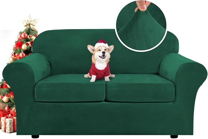 H.VERSAILTEX Real Velvet Plush 3 Piece Stretch Sofa Covers Couch Covers for 2 Cushion Couch Loveseat Covers Width Up to 72 Inch Feature Thick Soft Stay in Place (Medium Sofa, Vintage Green)