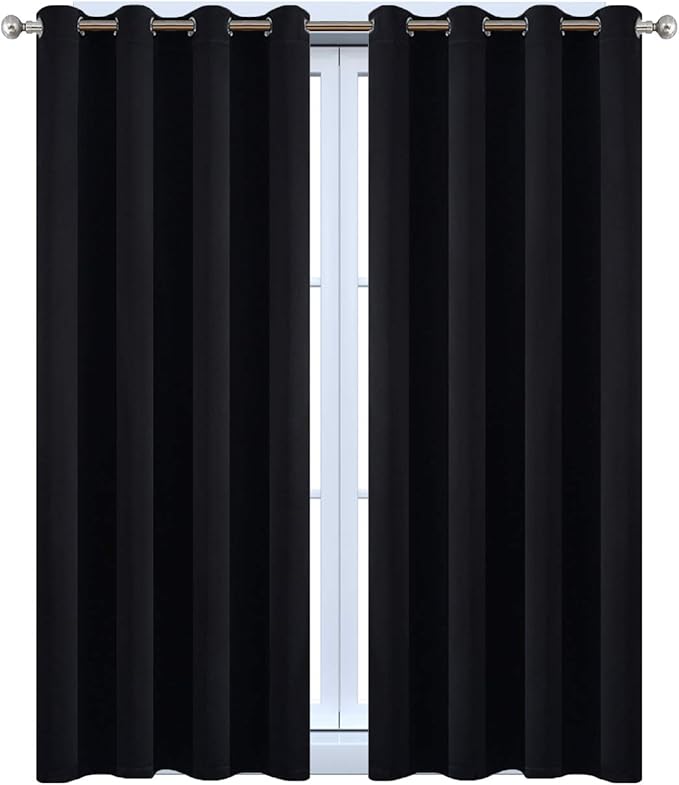 Yakamok Blackout Curtains for Bedroom,Thermal Insulated Blackout Grommet Top Drapes for Living Room,Black,52x45 Inch, 2 Panels