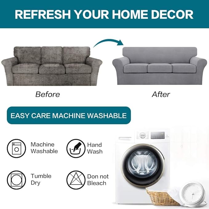 Turquoize 4 Piece Sofa Covers for 3 Cushion Couch Sofa Slipcover Soft Couch Cover for Dogs Washable Furniture Cover with 3 Individual Large Cushion Covers Feature Fabric (Large Sofa, Dove)