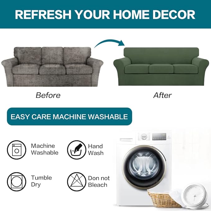Turquoize 4 Piece Sofa Covers for 3 Cushion Couch Sofa Slipcover Soft Couch Cover for Dogs-Washable Sofa Furniture Covers with 3 Individual Large Cushion Covers (XL Sofa, Bronze Green)