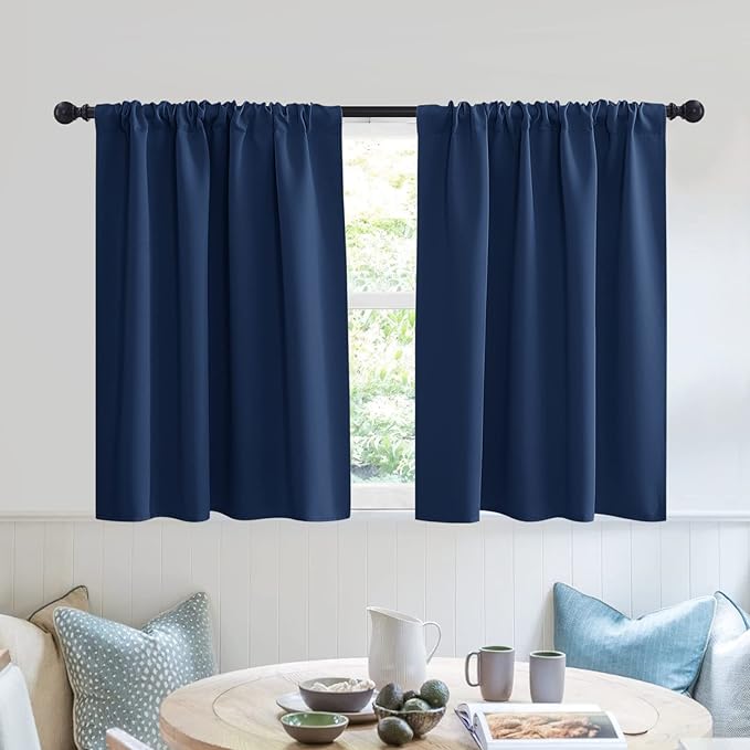 RYB HOME Blackout Privacy Bathroom Window Curtains, Short Thermal Insulated Heat Blocking Privacy Rod Pocket Half Window Curtain Tiers for Nursery Bedroom, Width 42 by Length 30, Navy Blue, 2 Panels