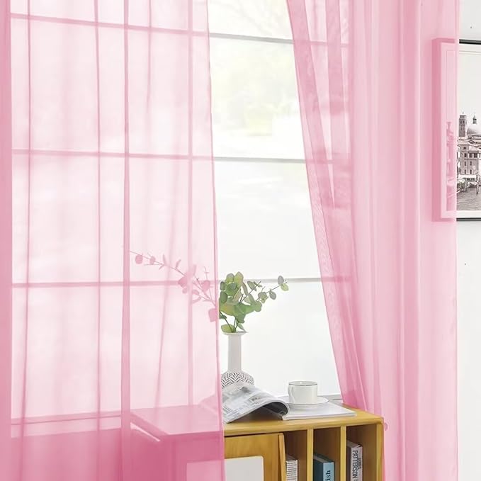 SpaceDresser Sheer Voile Window Treatment Rod Pocket Curtain Panels for Kitchen Bedroom Living Room Drapes Sunlight Filtering Privacy Semi Home Decor Assorted (Light Pink, 52 W x 84 L)
