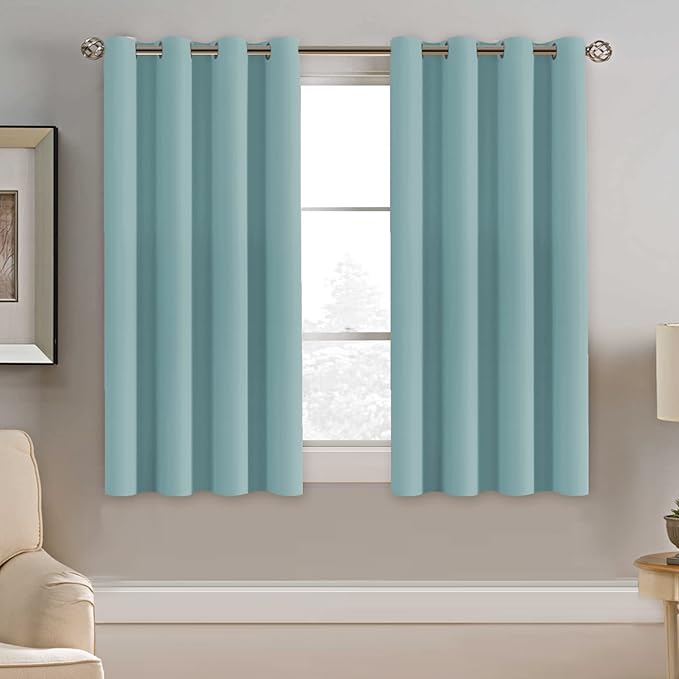 H.VERSAILTEX Blackout Curtain for Living Room Small Window Kitchen Blackout Curtains 45 inch Length Energy Saving Solid Grommet Blackout Drape, One Panel, Mineral Blue, 52" W x 45" L