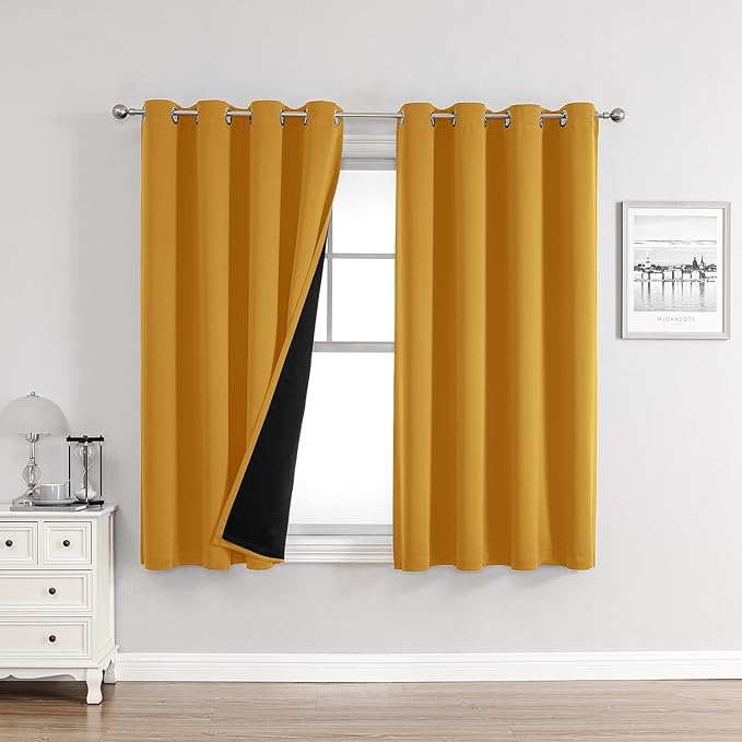 ChrisDowa 100% Blackout Curtains for Bedroom with Black Liner, 2 Thick Layers Total Blackout Thermal Insulated Grommet Window Curtains 2 Panels Set (Mustard Yellow, 52 x 54 Inch)