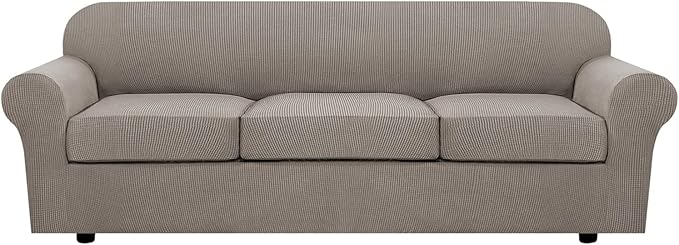 H.VERSAILTEX 4 Piece Stretch Sofa Covers for 3 Cushion Couch Covers for Living Room Furniture Slipcovers (Base Cover Plus 3 Seat Cushion Covers) Thicker Jacquard Fabric (Large Sofa, Taupe)