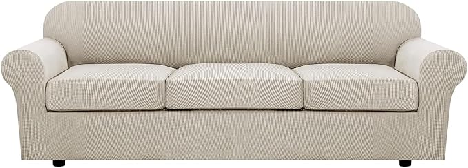 H.VERSAILTEX 4 Piece Stretch Sofa Covers for 3 Cushion Couch Covers for Living Room Furniture Slipcovers (Base Cover Plus 3 Seat Cushion Covers) Thicker Jacquard Fabric (Large Sofa, Island Fossi)