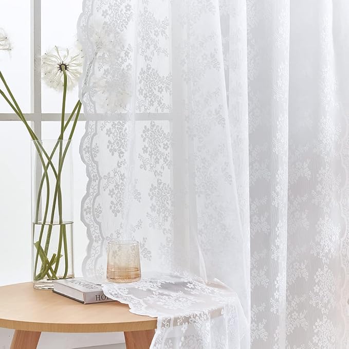 YJ YANJUN Vintage Lace Curtains 84 Inches Long 2 Panels-Victorian Floral Old World Style Cottage Shabby Chic White Sheer Curtains for Living Room Bedroom Rod Pocket Light Filtering 52 x 84 Inch