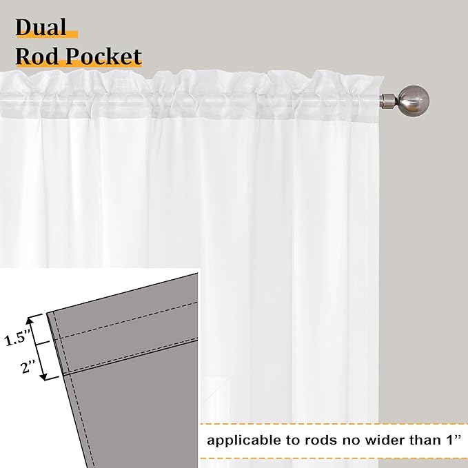 Aiyufeng Sheer Voile Window Treatment Rod Pocket Curtain Panels for Kitchen Bedroom Living Room Drapes Sunlight Filtering Privacy Semi Home Decor Assorted Colors Sizes (White, 40 W x 72 L)