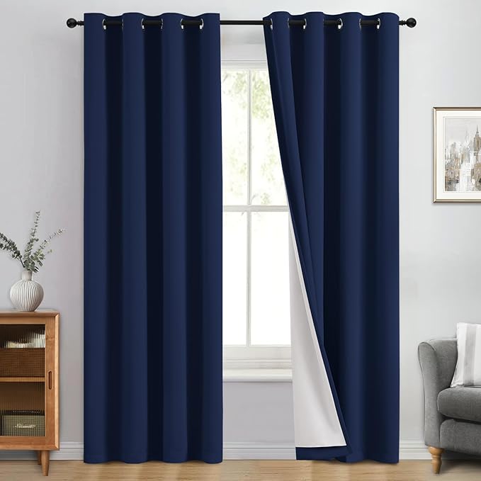 Yakamok 100% Blackout Curtain Panels 84 inches Cold and Light Blocking Drapes for Nursery, 2 Thick Layers Thermal Insulated Draperies (2 Pieces, 50 Wide Each Panel, Navy Blue/White Backing)