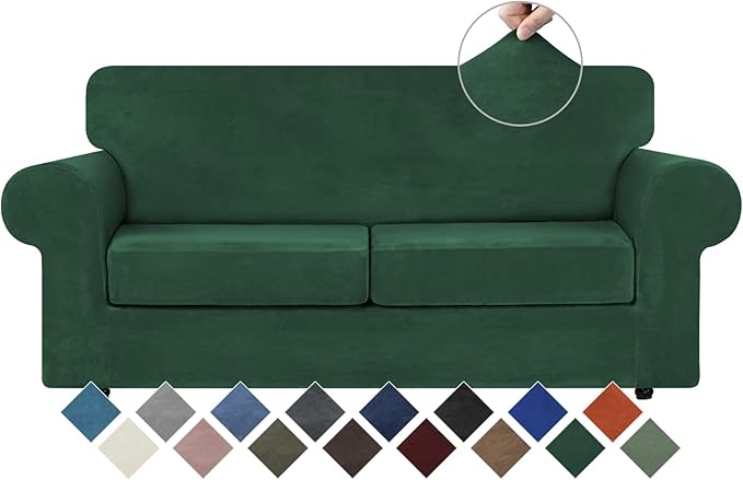 WEERRW Velvet Couch Covers for 2 Cushion Couch Sofa - High Stretch Velvet Plush 3 Pieces Sofa Slipcovers with Elastic Bottom, Furniture Protector for Pets, Machine Washable, Emerald Green, Medium