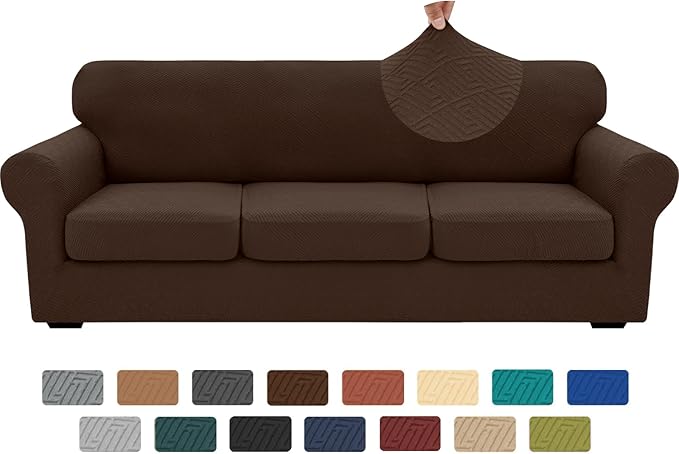 XINEAGE 2026 New 4 Pieces Extra Large Couch Covers for 3 Cushion Sofa Super Stretch Sofa Cover for 3 Large Seat Cushion Universal Fitted Slip Cover for Living Room (Coffee), 91"-110"(3 Cushions)