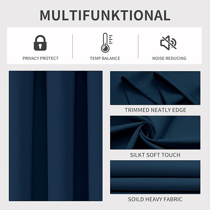 Joydeco Blackout Curtains 72 Inch Length 2 Panels Set, Thermal Insulated Long Curtains& Drapes 2 Burg, Room Darkening Grommet Drapes for Living Room Bedroom Window (Navy Blue, W52 x L72 Inch)