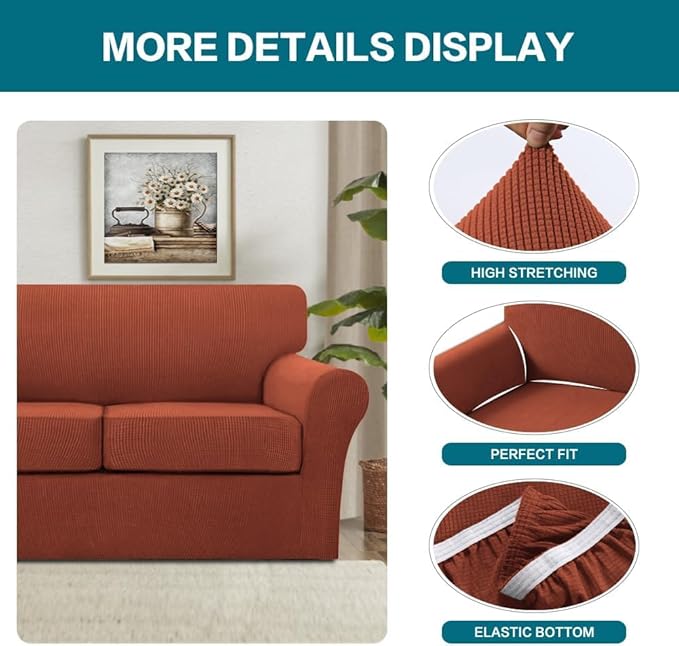 Turquoize 4 Piece Sofa Covers for 3 Cushion Couch Sofa Slipcover Soft Couch Cover for Dogs Washable Furniture Cover with 3 Individual Large Cushion Covers Feature Fabric (Large Sofa, Rust)