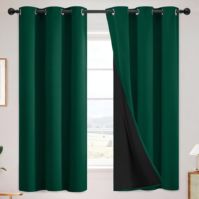 SimpleHome 100% Blackout Curtains for Bedroom,Thermal Insulated Dark Green Grommet Window Drapes Room Darkening Curtains for Living Room with Black Back,38 x 63 Inch,2 Panels