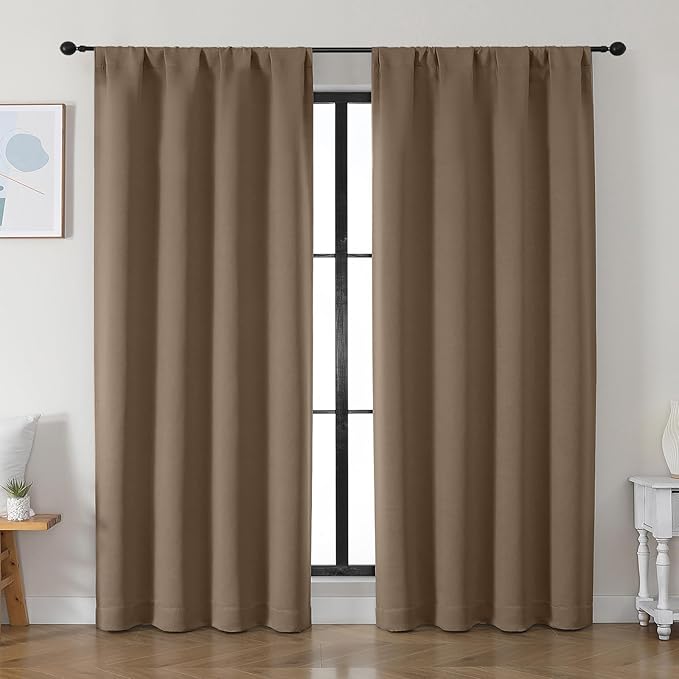 Simplebrand Ava Brown Blackout Curtains for Bedroom 84 Inch Length 2 Panels Set, Solid Thermal Insulated Privacy Living Room Window Treatment Curtains Blackout Drapes, W50 x L84 Inch, Brown