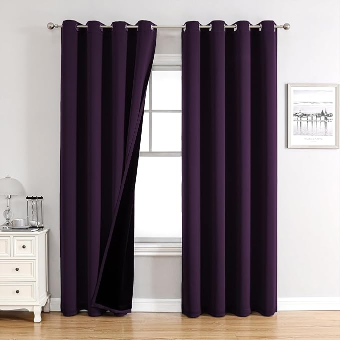 ChrisDowa 100% Blackout Curtains 120 inch Long for Bedroom with Black Liner, 2 Thick Layers Total Blackout Thermal Insulated Grommet Long Window Curtains 2 Panels Set (Royal Purple, 52 x 120 Inch)