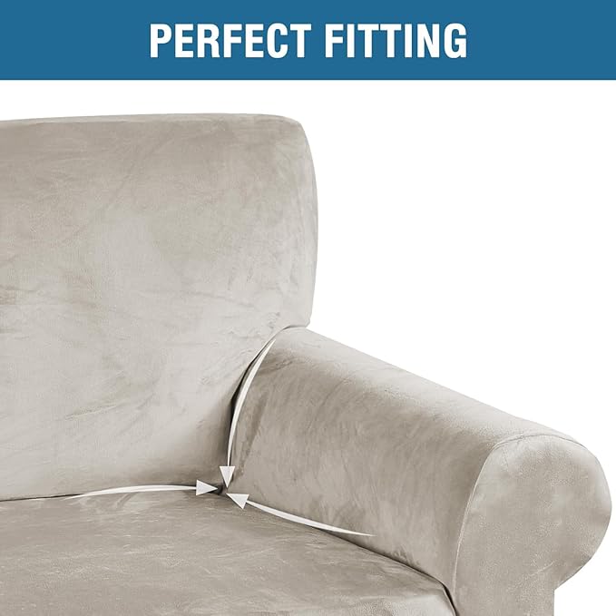 H.VERSAILTEX Stretch Velvet Sofa Covers for 3 Cushion Couch Covers Furniture Protector Soft with Non Slip Elastic Bottom, Crafted from Thick Comfy Rich Velour (Large Sofa 90"-97", Oatmeal)