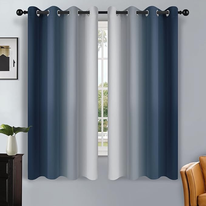 SimpleHome Navy Blue Ombre Room Darkening Curtains for Living Room, Light Blocking Gradient Thermal Insulated Grommet Window Curtains/Drapes for Bedroom, 2 Panels, 52x63 inches Length