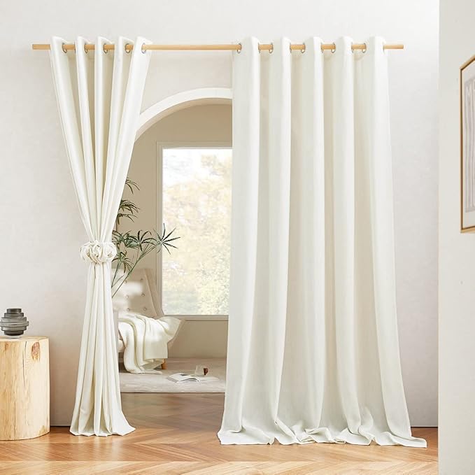 NICETOWN Linen Curtains 96 inches Long, Grommet Privacy Added with Light Filtering Linen Weave Window Treatment for Bedroom/Living Room, Off White, W68 x L96, 2 Panels