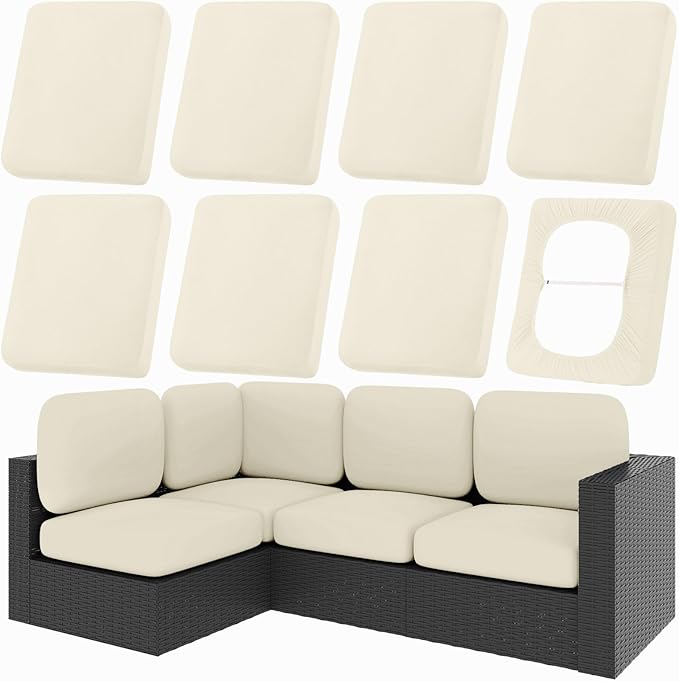 hyha 8Pcs Patio Cushion Covers, Stretch Outdoor Couch Cushion Covers Replacement, Washable Outdoor Chair/Sofa Slipcovers for Patio Furniture Cushions Protector with Elastic Bottom(Beige,Cover Only)