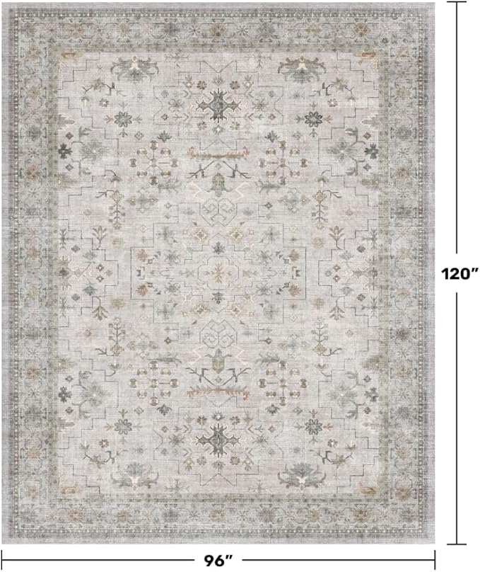 Hazo Haus Boho Light Grey Living Room Rug 8x10 - Modern Vintage Eclectic Floral Pastel Neutral Taupe, Washable Low Pile Non-Slip Extra Large Area Rugs for Dining Under Table Bedroom Lounge
