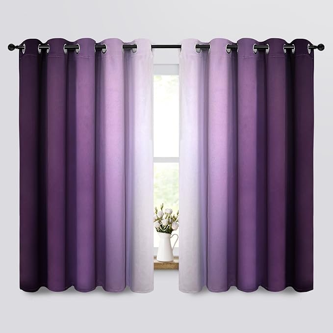 Yakamok Thermal Insulated Ombre Curtains 63 Inch Length 2 Panels, Greyish White and Purple Light Blocking Gradient Color Curtains, Room Darkening Grommet Window Drapes for Bedroom