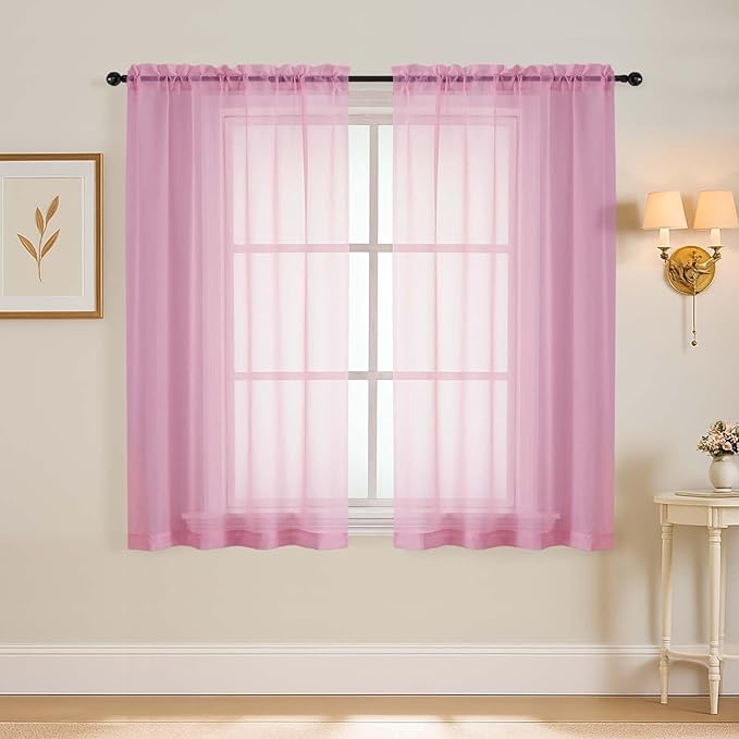 Light Pink Window Sheer Curtains 54 inch Length, Soft Airy Light Filtering Sheer Curtain 2 Panels Set, Dual Rod Pocket Gauze Drapes for Living Room Bedroom, 2x42Wx54L Inches