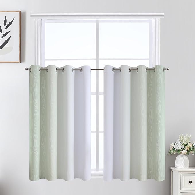 Estelar Textiler Sage Green and Greyish White Ombre Short Blackout Cafe Curtains 36 Inch Length, Thermal Insulated Grommet Small Half Window Drapes for Kitchen/Basement/RV Camper, 52Wx36L, 2 Panels
