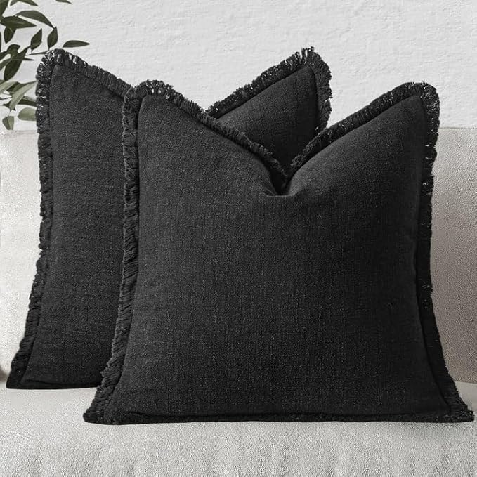 MIULEE Decorative Throw Pillow Covers Neutral Linen Fringe Throw Pillows Euro Shams Set of 2 Black Boho Farmhouse Cushion Covers for Couch Sofa Bed Living Room Spring Home Decor 24x24 Inch