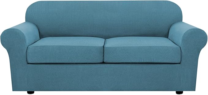 H.VERSAILTEX 3 Piece Stretch Sofa Covers for 2 Cushion Sofa Couch Covers for Living Room Furniture Cover (Base Cover Plus 2 Seat Cushion Covers) Thicker Jacquard Fabric(Large Sofa, Storm Blue)
