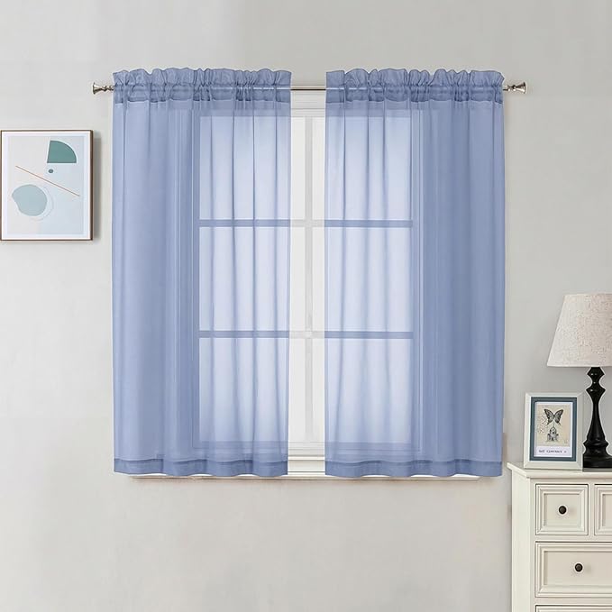 Chyhomenyc Sheer Curtains 54 Inch Long 2 Panels Set - Light Filtering Short Soft Airy Short Cafe Curtains, Modern Rod Pocket for Dinning Living Room Bedroom, 42Wx54L Inch, Denim Blue