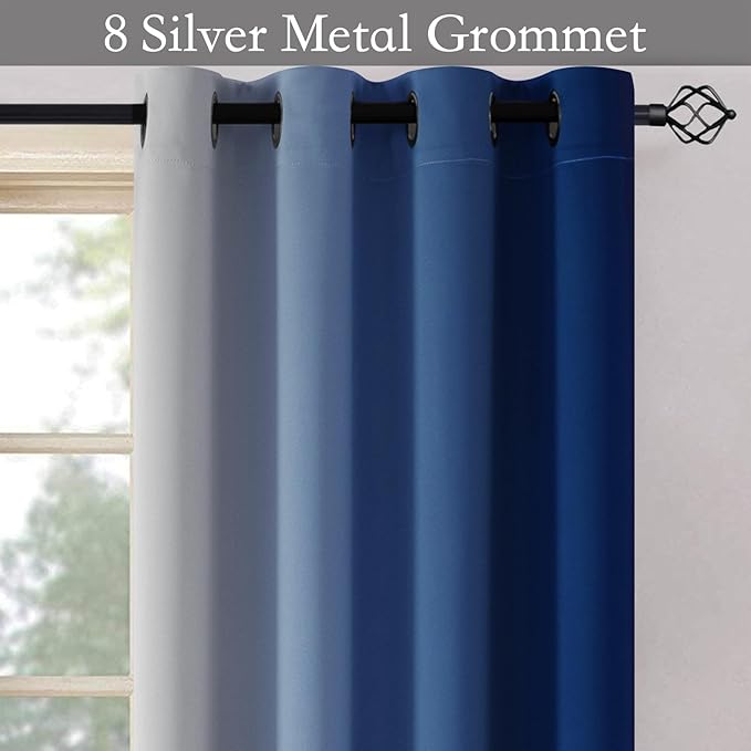 SimpleHome Ombre Room Darkening Curtains for Bedroom, Gradient Royal Blue to Grey White Light Blocking Thermal Insulated Grommet Window Curtain/Drapes for Living Room,2 Panels, 52x84 inches Length