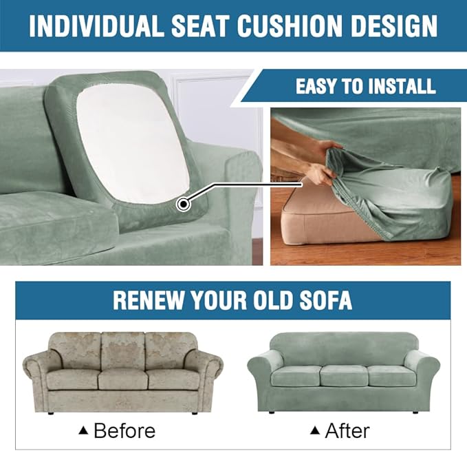 H.VERSAILTEX Rich Velvet Stretch 2 Piece Cover Chair Slipcover Sofa Cover Furniture Protector Couch Soft with Elastic Bottom Chair Couch Cover with Arms Width Up to 49 Inch(Chair, Sea Grass)
