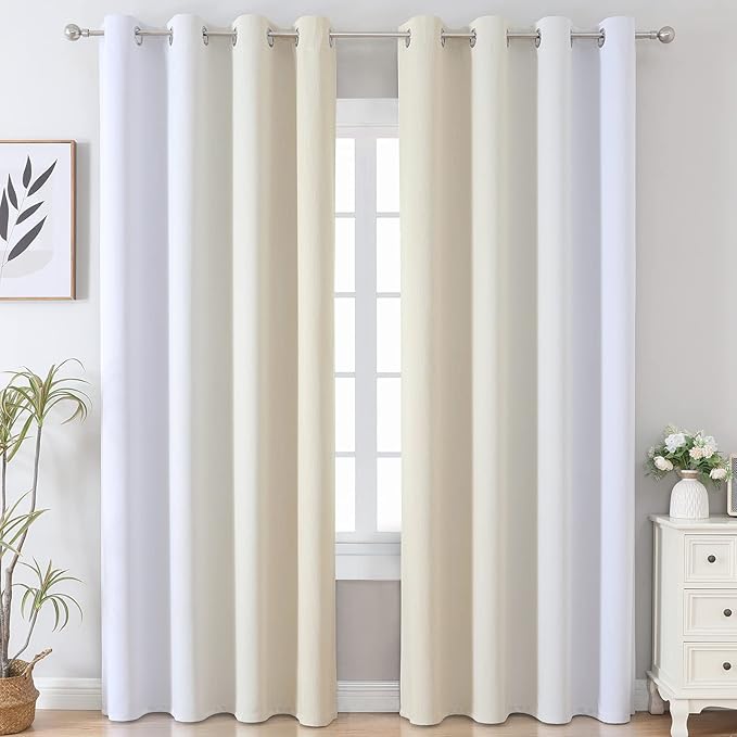Estelar Textiler Beige and Greyish White Blackout Curtains 102 Inches Long for Bedroom, Thermal Insulated Full Room Darkening Grommet Gradient Drapes for Living Room, 52Wx102L, 2 Panels
