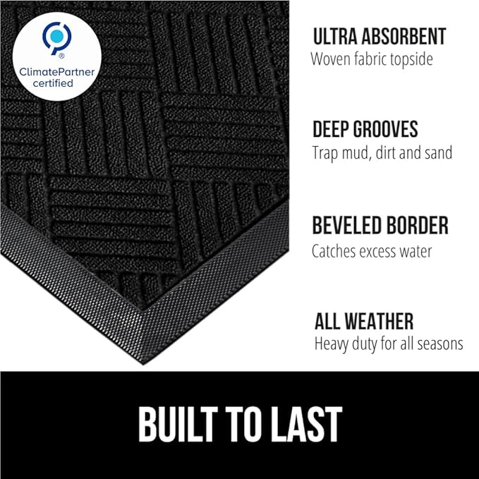 GORILLA GRIP 100% Waterproof All-Season WeatherMAX Doormat US Designed Natural Rubber, Stain and Fade Resistant, Low Profile Indoor Outdoor Door Mats, Easy Clean Patio Mat, 23x35, Black Diamond