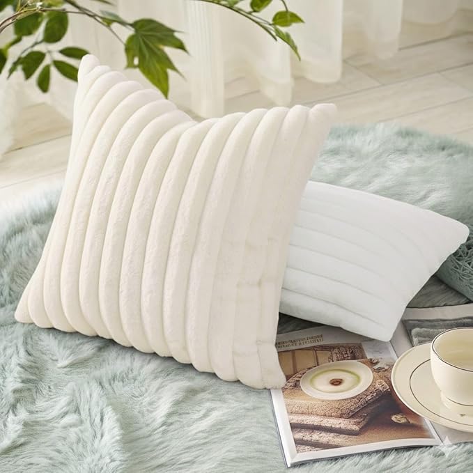 decorUhome Summer Cozy Faux Fur Throw Pillow Covers 18x18 Set of 2 Decorative Soft Plush Striped Modern Farmhouse Boho Couch Pillow Cases with Velvet Back for Sofa Bed Living Room, Cream White