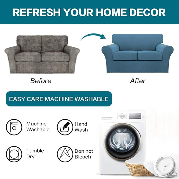 Turquoize 3 Piece Sofa Covers For 2 Cushion Couch Sofa Slipcover Soft Couch Cover For Dogs-Washable Sofa Furniture Covers With 2 Individual Cushion Covers, Thick Jacquard Fabric (Loveseat, Dusty Blue)