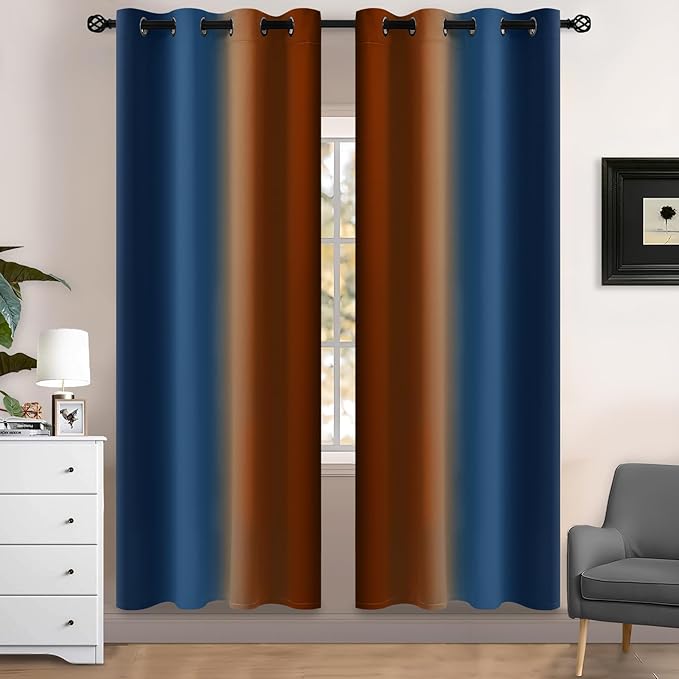 Yakamok Blackout Ombre Dark Blue and Burnt Orange Curtains-Gradient Room Darkening Curtain, Grommet Thermal Insulated Light Blocking Window Drapes Curtain for Living Room Bedroom,52 x 72 Inch,2 Panels