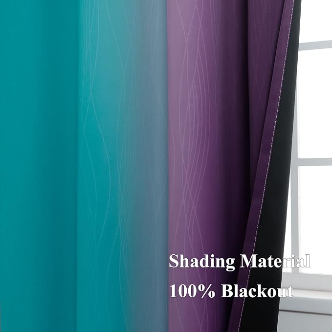 Teal and Purple Gradient Curtains 63 Inch Length 2 panels, Ombre and Wavy Line Pattern Blackout Curtains for Kids Room, Full Light Blocking Thermal Insulated Grommet Drapes for Bedroom, 42x63 Inch
