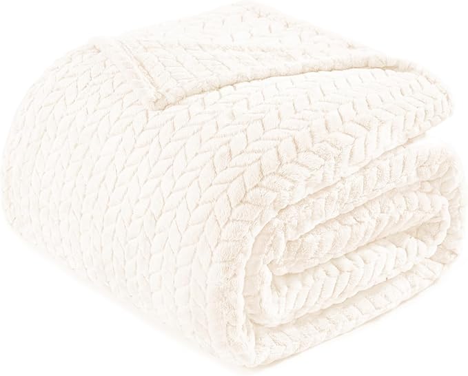 Exclusivo Mezcla Fleece Queen Size Blanket for Bed, 90x90 Inches Soft Cozy Jacquard Flannel Blankets, Lightweight Fuzzy Plush Warm for Women, Off White
