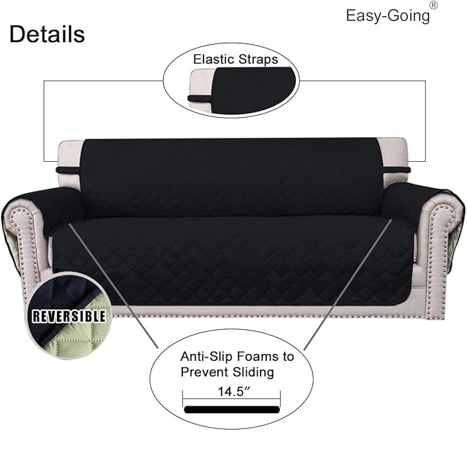 Easy-Going Reversible Loveseat Couch Cover for 2 Cushion Couch Sofa Cover for Dogs Water Resistant Furniture Protector with Foam Sticks Elastic Straps for Pet (Loveseat, Black/Beige)