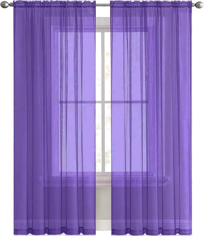 SpaceDresser Sheer Voile Window Treatment Rod Pocket Curtain Panels for Kitchen Bedroom Living Room Drapes Sunlight Filtering Privacy Semi Home Decor Assorted (Purple, 52 W x 90 L)