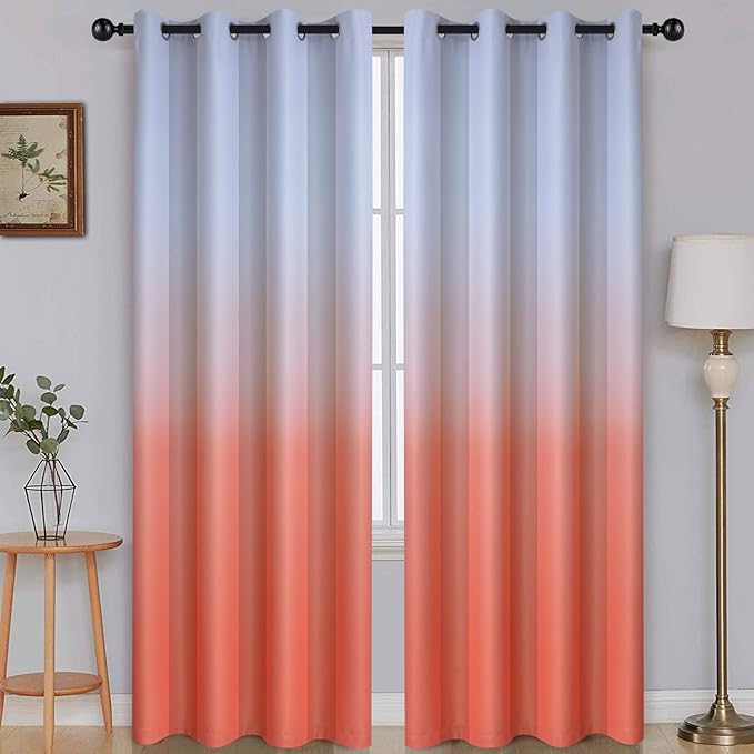 SimpleHome Ombre Room Darkening Curtains for Bedroom, Light Blocking Gradient Grey White to Coral Thermal Insulated Grommet Window Curtains/Drapes for Living Room,2 Panels, 52x84 inches Length