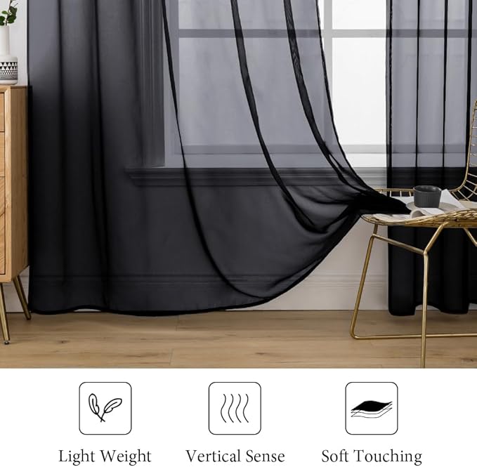 MIULEE 2 Panels Solid Color Sheer Window Curtains Elegant Halloween Window Voile Panels/Drapes/Treatment for Bedroom Living Room (54X96 Inches Black)