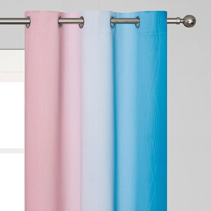 Ombre Pink and Blue Blackout Curtains 45 Inches Long, Full Light Blocking Curtains for Bedroom, Wavy Line Pattern Grommet Thermal Insulated Gradient Drapes for Living Room,42x45 Inch, 2 Panels